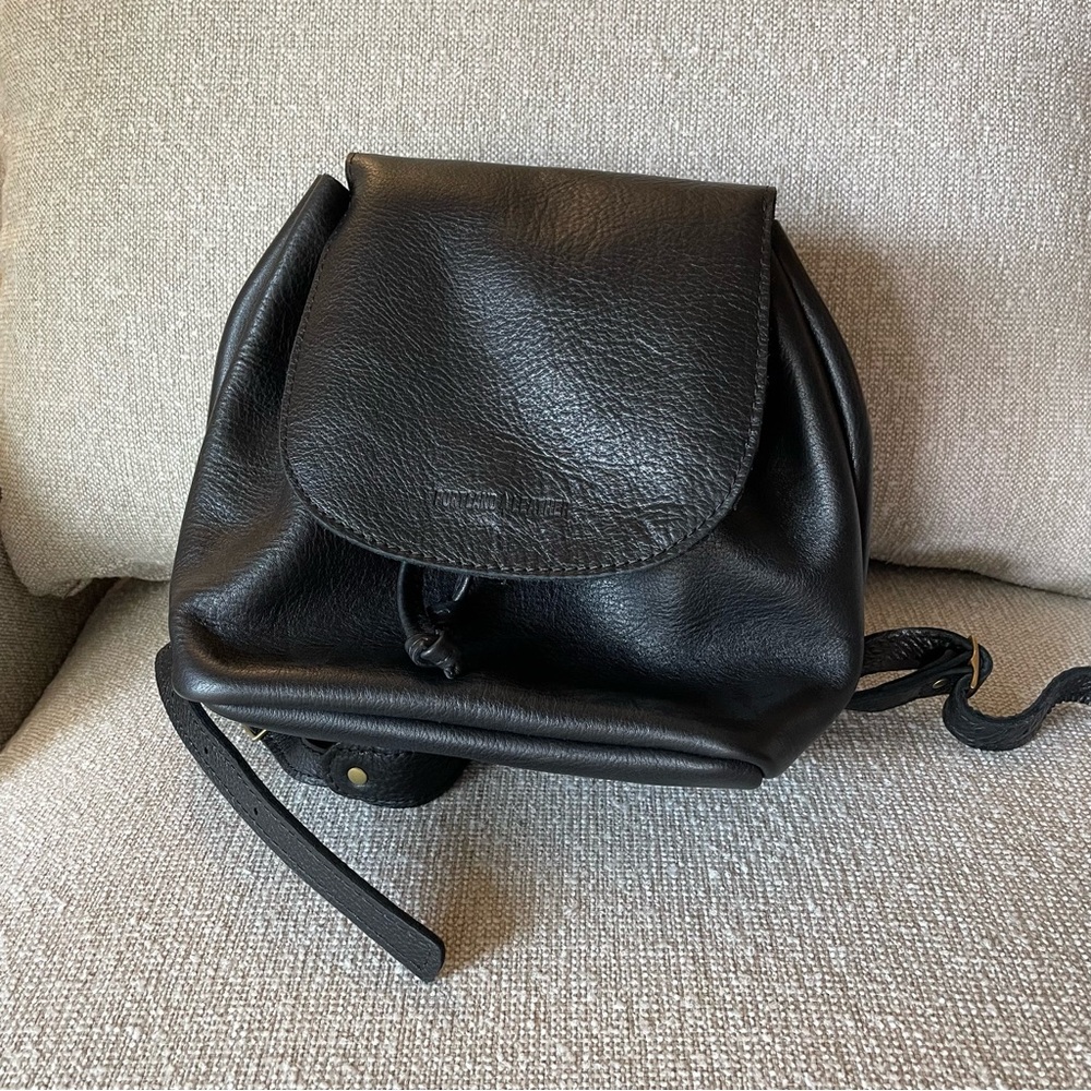 Portland Leather pebbled black leather bucket backpack NWOT